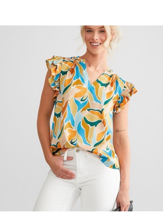 willow & root Tops - V-Neck Flutter Sleeve Blouse in Yellow Multi